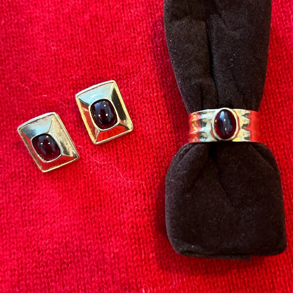MMA NY  - Gold Plate/Sterling Silver Garnet Cabochon Earrings and Garnet Ring -
